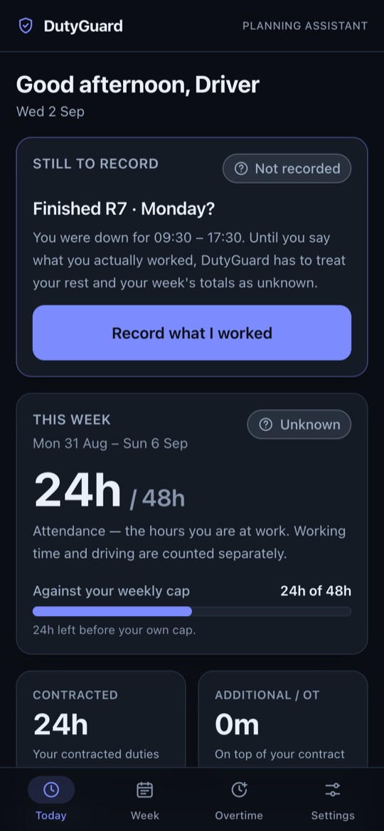 DutyGuard on a phone: the duty still to be recorded, the week's attendance against a personal cap, and compliance checks with their verdicts, using demo depot data