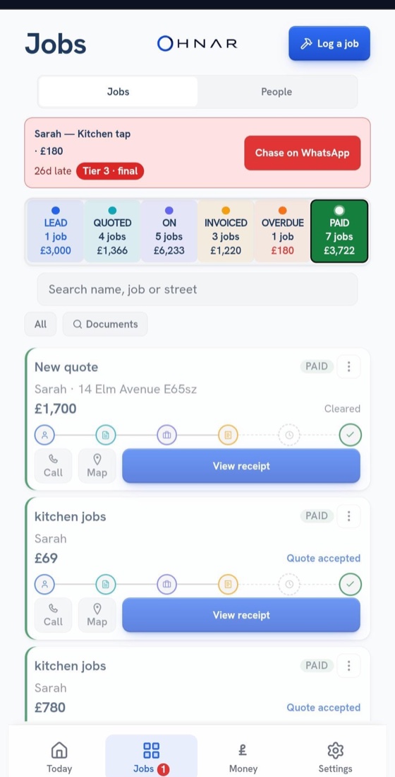 OHNAR's job pipeline on a phone — jobs across Lead, Quoted, On, Invoiced, Overdue and Paid, with per-job cards, a WhatsApp payment chase and Call/Map actions