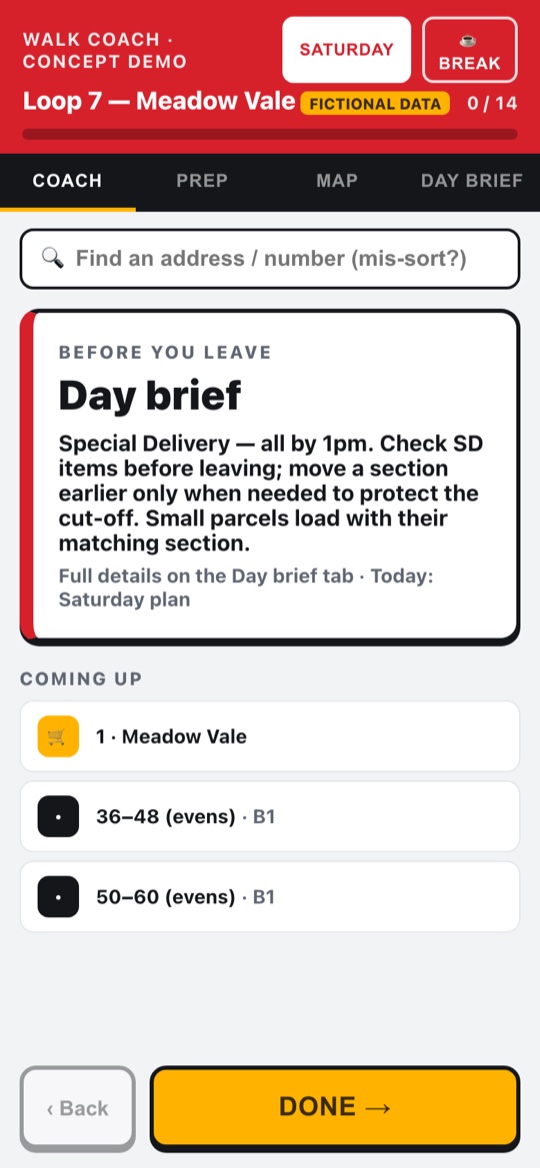 Walk Coach prototype on a phone, showing the day brief and upcoming stops on a delivery loop, with demo data